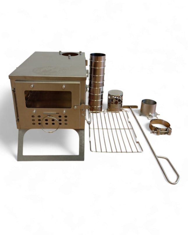 Tent stove made of stainless steel – foldable with windows – 2m stove pipe ø 6cm