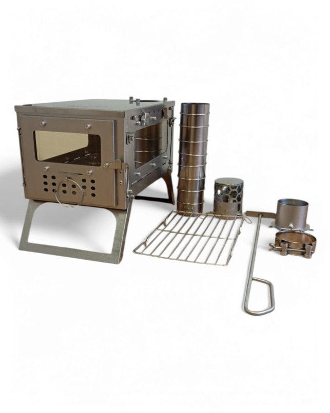 Tent stove made of stainless steel – foldable with windows – 2m stove pipe ø 6cm