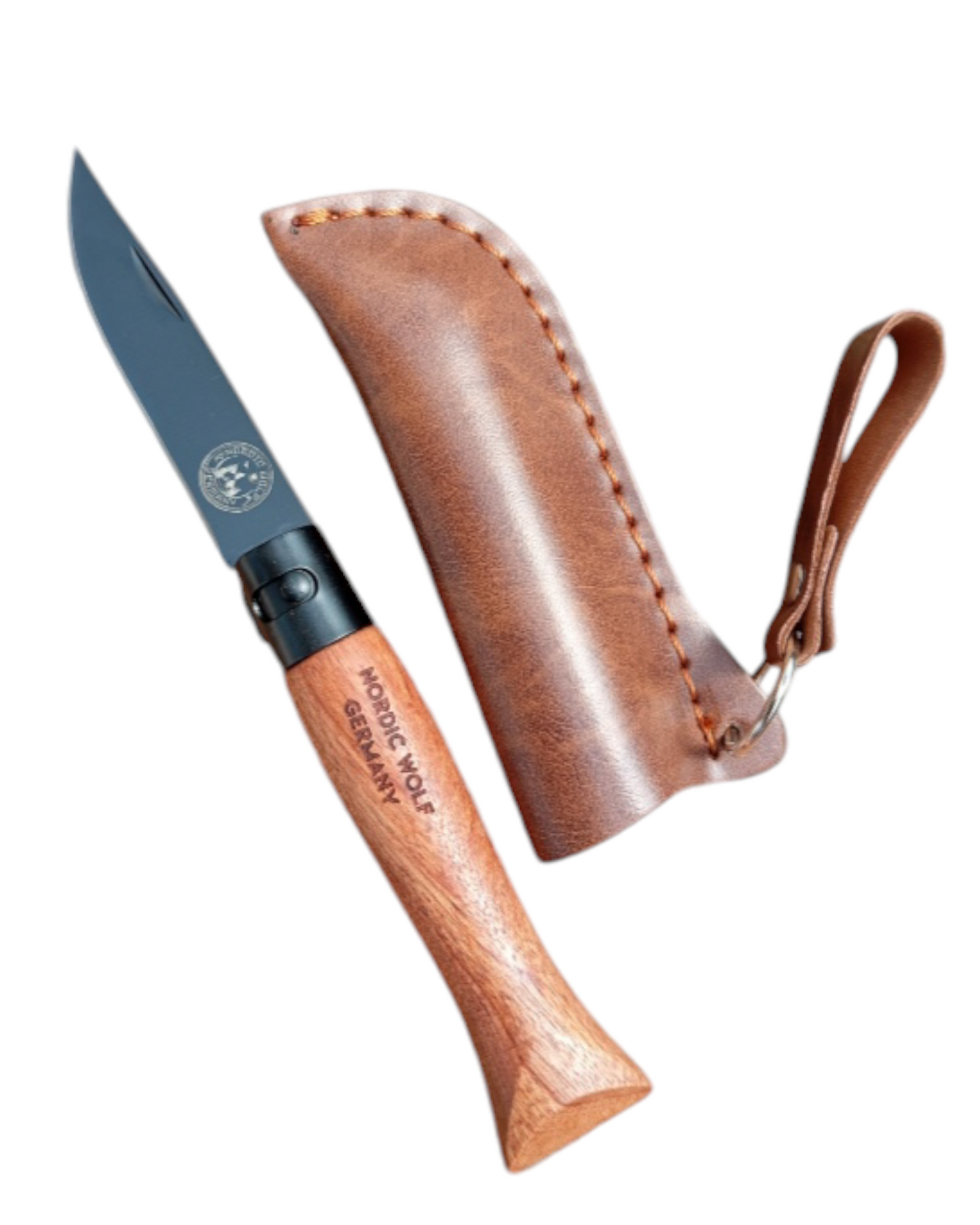 Folding knife wooden handle with leather sheath 3Cr13 stainless steel