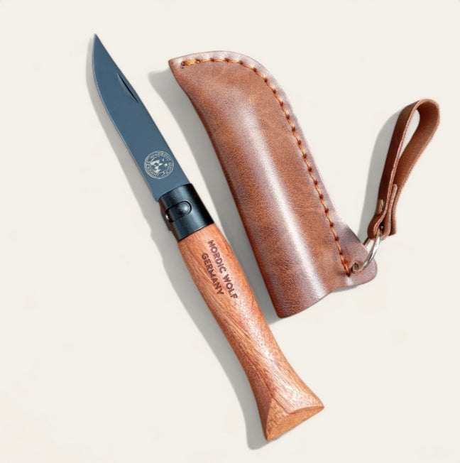 Folding knife wooden handle with leather sheath 3Cr13 stainless steel