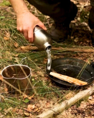 Stainless steel 1.2 liter canteen set with pot and lid – including cotton bag with Molle system
