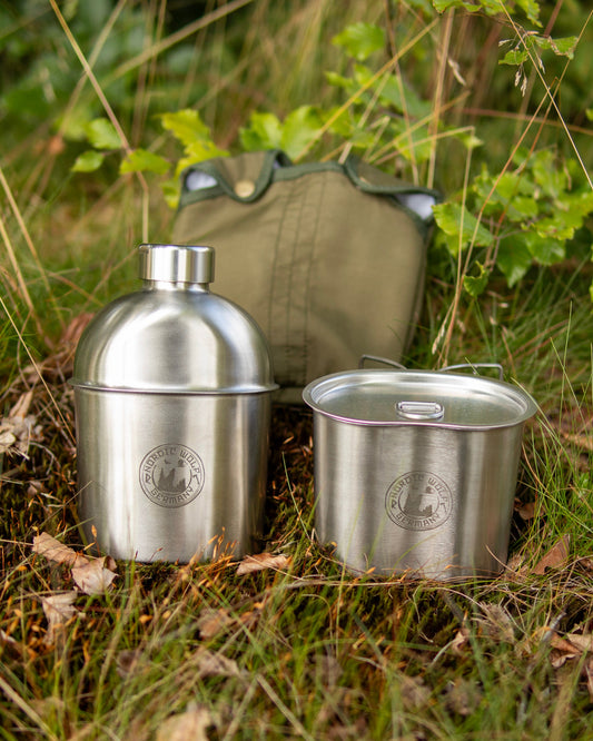 Stainless steel 1.2 liter canteen set with pot and lid – including cotton bag with Molle system