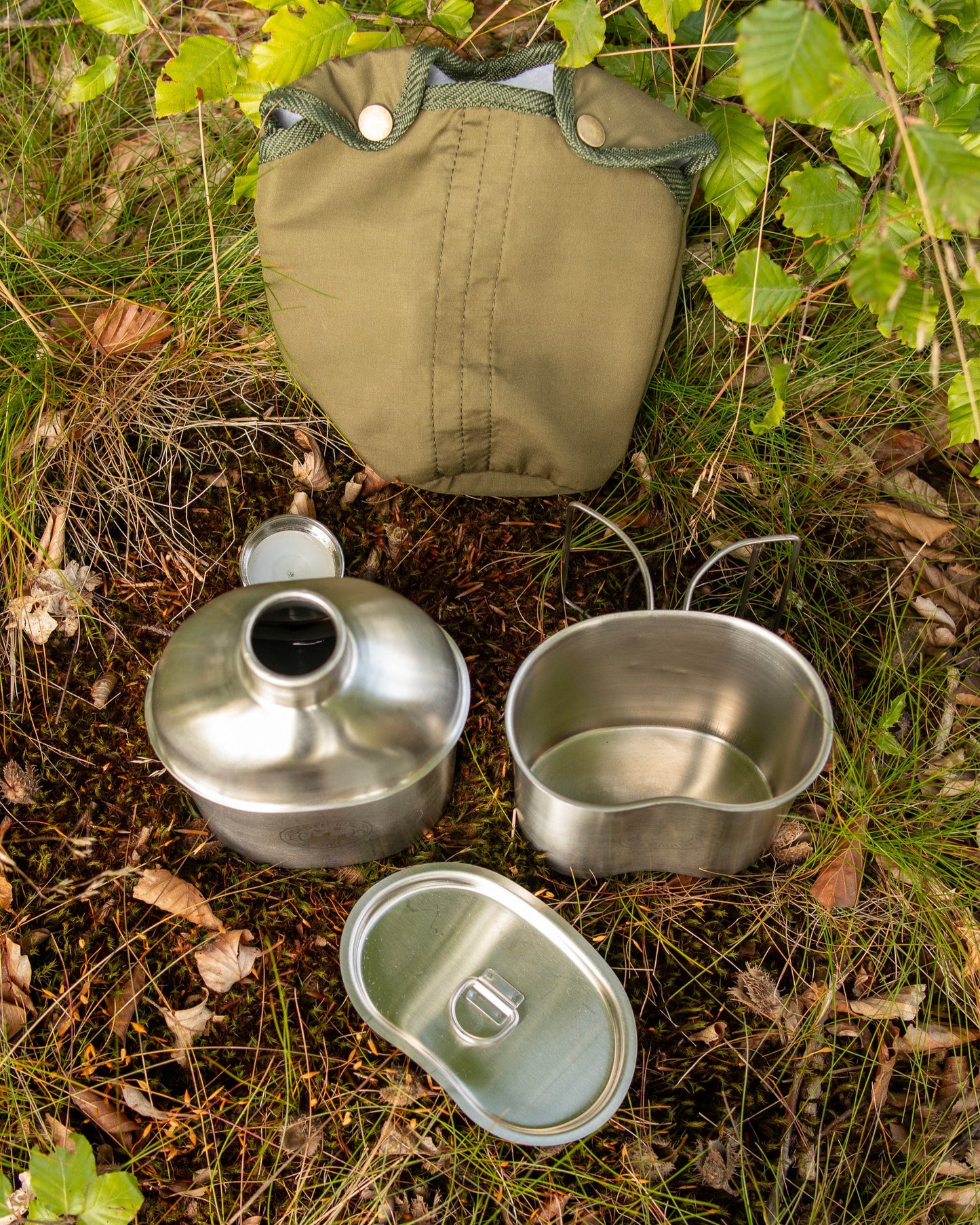 Juego de cantimplora de acero inoxidable de 1,2 litros con olla y tapa, incluye bolsa de algodón con sistema Molle