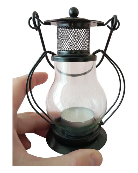 Minifarol retro de metal y cristal, color negro.