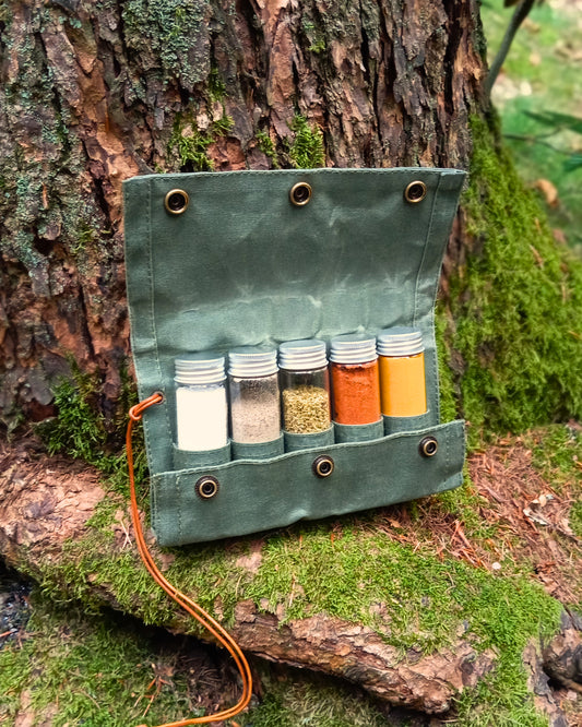 Gewürztasche mit 5 Glasfläschchen 50ml - Canvas Tasche Olivgrün