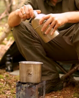 Stainless steel 1.2 liter canteen set with pot and lid – including cotton bag with Molle system